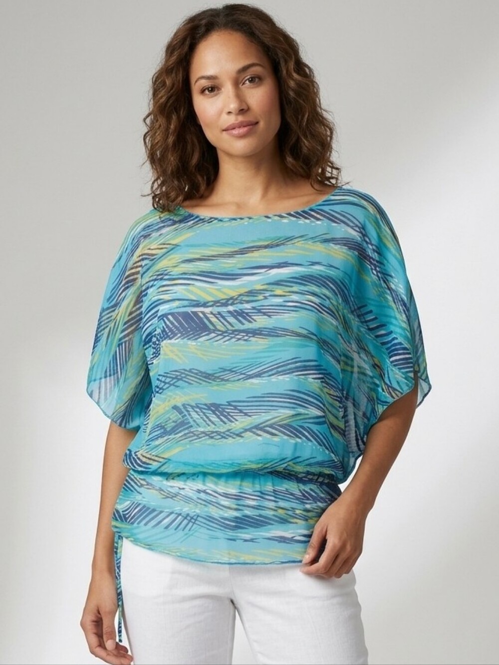Apt 9 Abstract Geometric Dolman Blouse Large Blue Green Sheer Top
